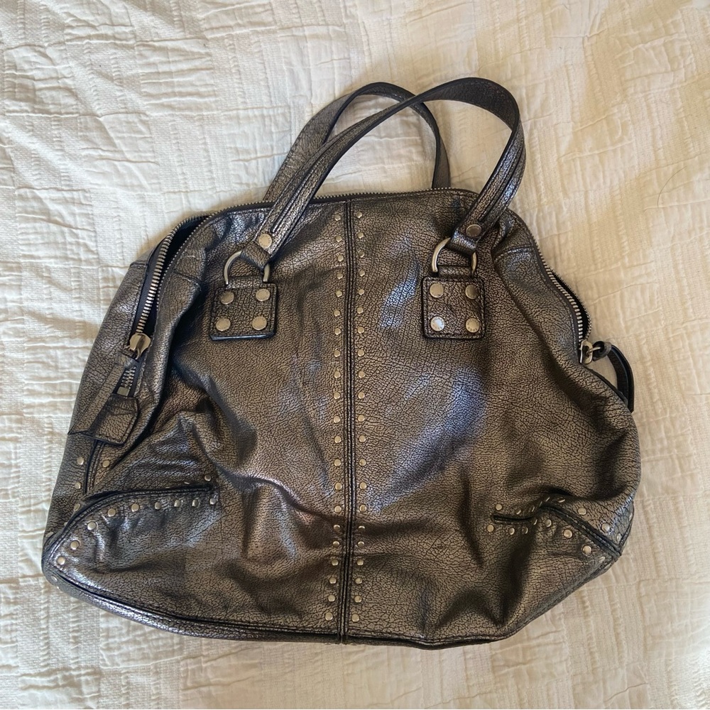 Michael Kors Pewter Leather Astor Studded Satchel Handbag